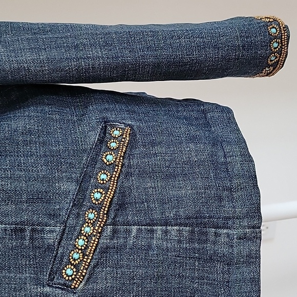 Chico's Embellished Heritage Turquoise Beaded Denim Jacket Inkspill Indigo Sz L - Picture 11 of 16